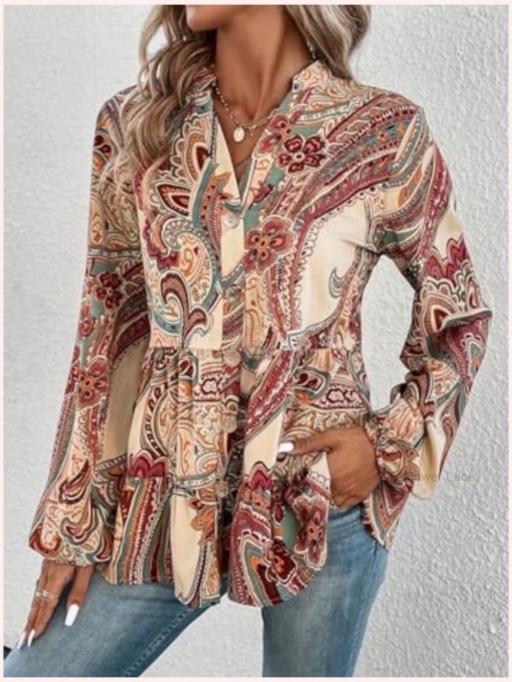 Boho Paisley Printed Notched V Neck Bishop Long Sleeve Ruffle Hem Blouse Peplum - Picture 4 of 5